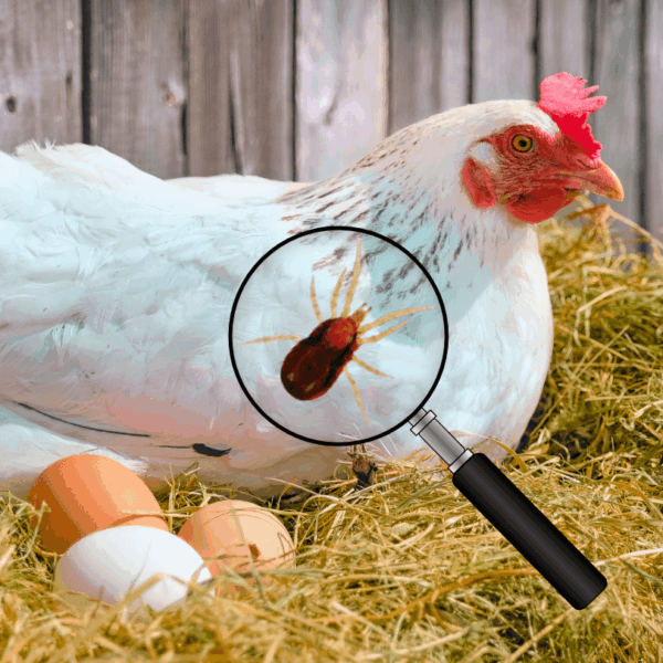White chicken with red mite through a magnifying glass.